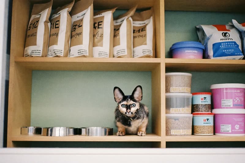 Plain shelves of unlabelled pet supplies in a small shop interior