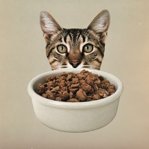 A plain bowl of dry pet food on a pastel backdrop